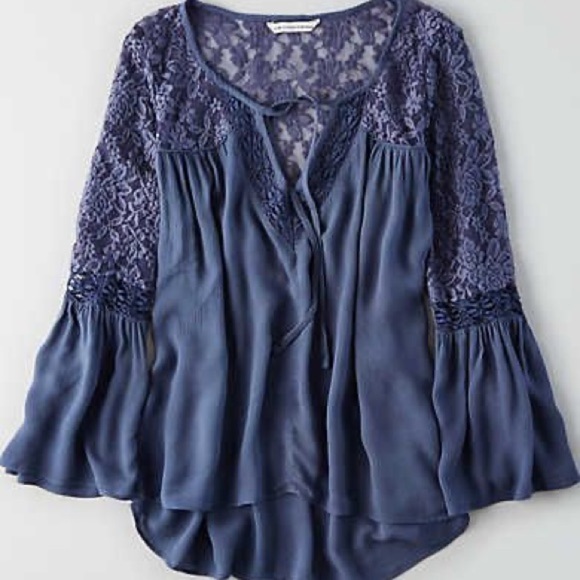 American Eagle Outfitters Tops - American Eagle Bell Sleeve Peasant Blouse Blue Lace Shirt NWOT